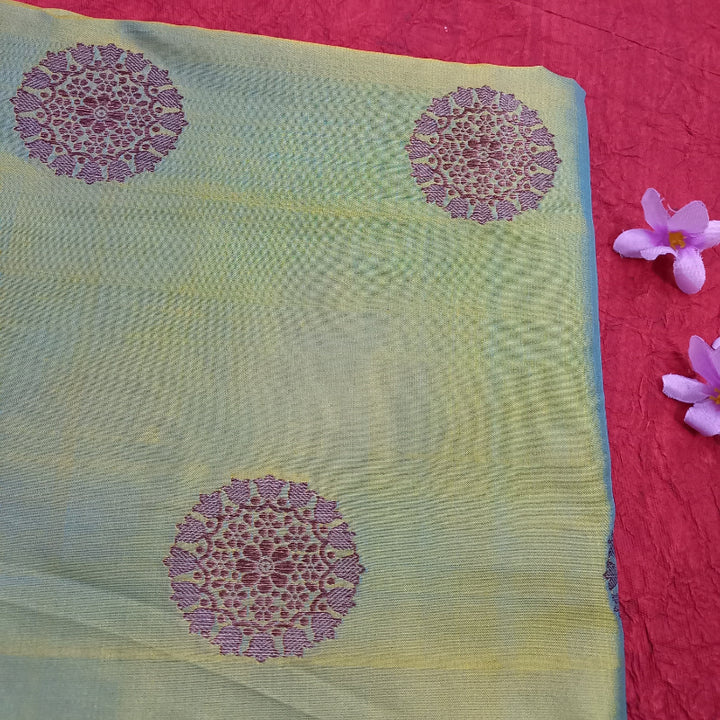 Dual Shade Green Color Jamawar Silk Fabric With Floral Buttas