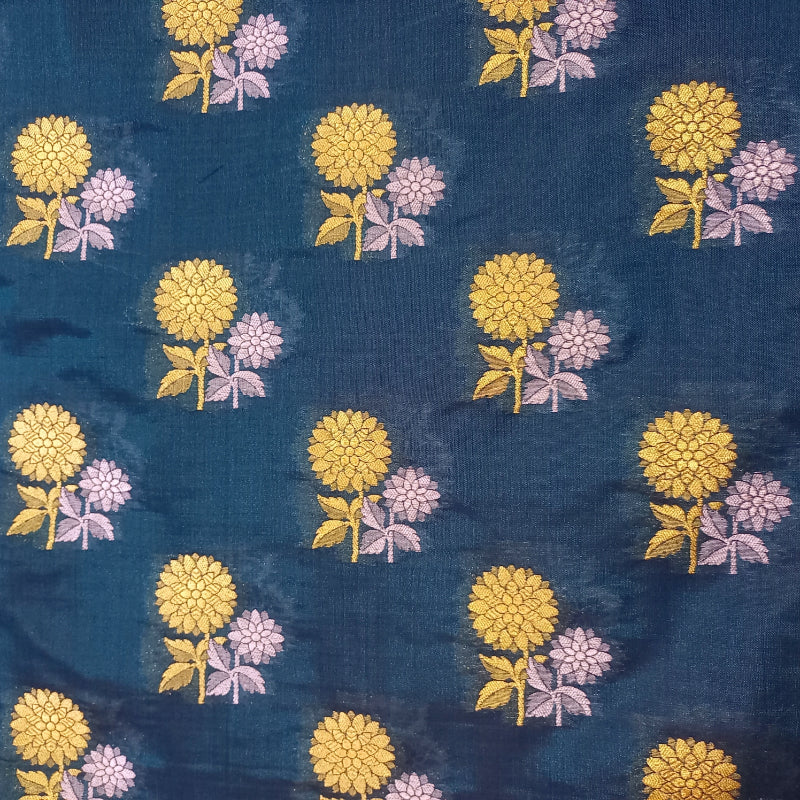 Drak Firozi Blue Color Silk Fabric With Floral Buttas