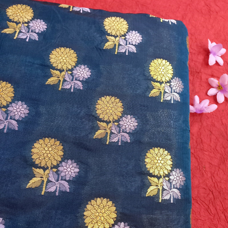 Drak Firozi Blue Color Silk Fabric With Floral Buttas