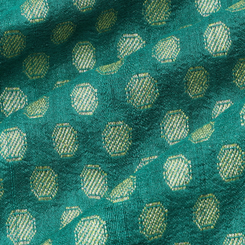 Peacock Green Color Jamavar Silk Fabric With Round Buttas