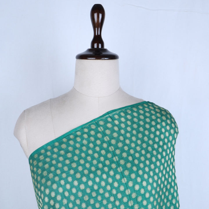 Peacock Green Color Jamavar Silk Fabric With Round Buttas