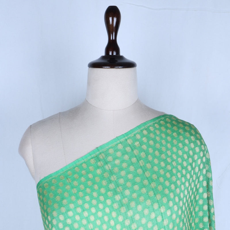 Green Color Jamavar Silk Fabric With Round Buttas