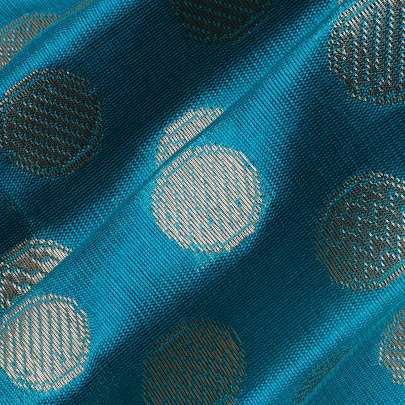 Teal blue color jamavar silk fabric with round buttas