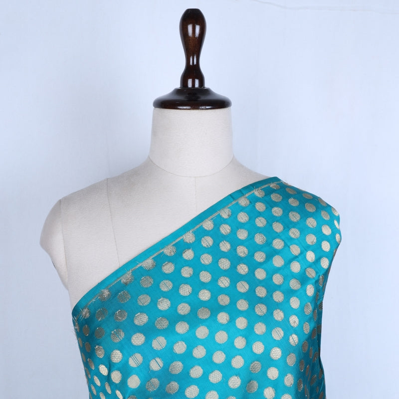 Teal blue color jamavar silk fabric with round buttas