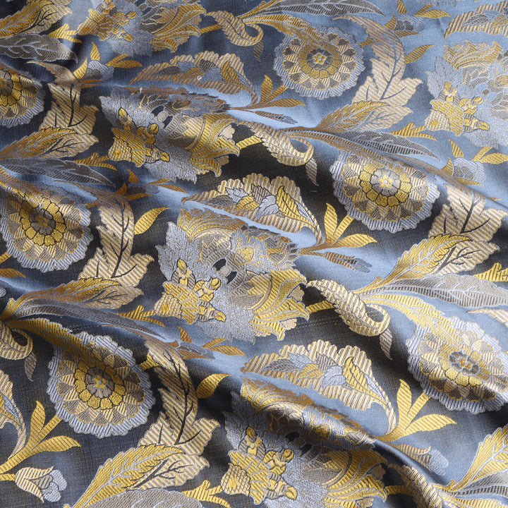 Earthy Grey Color Satin Silk Fabric With Floral Motif Pattern