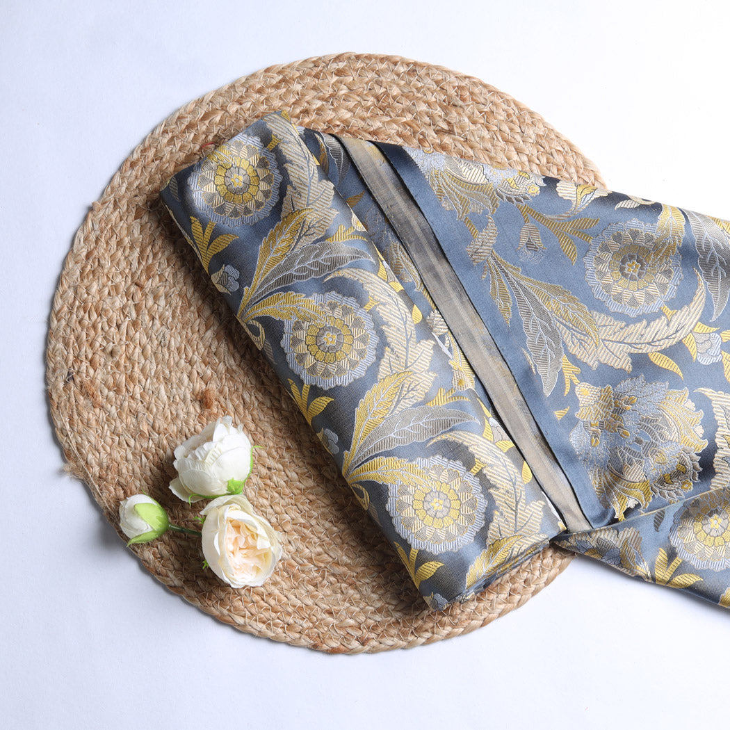 Earthy Grey Color Satin Silk Fabric With Floral Motif Pattern