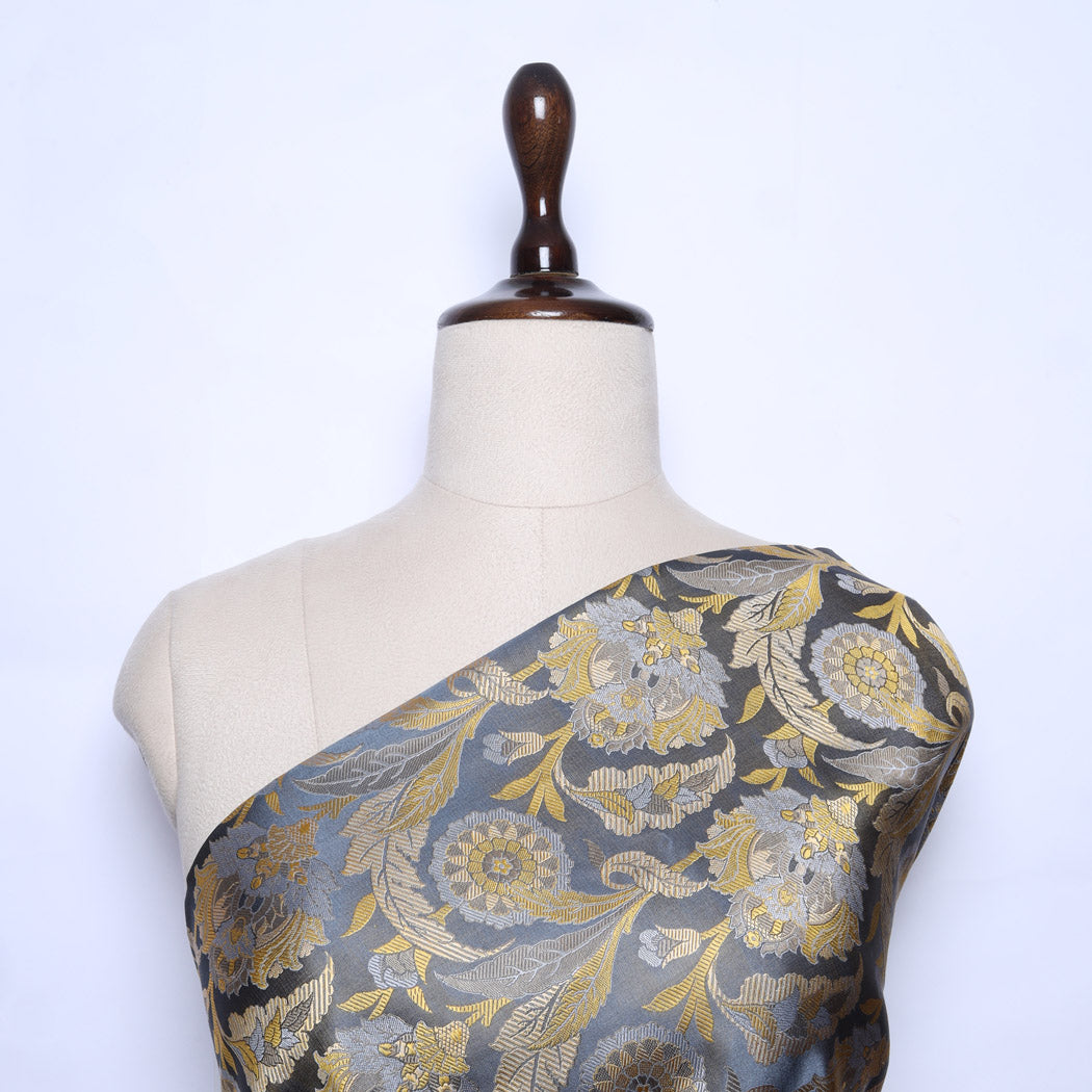 Earthy Grey Color Satin Silk Fabric With Floral Motif Pattern