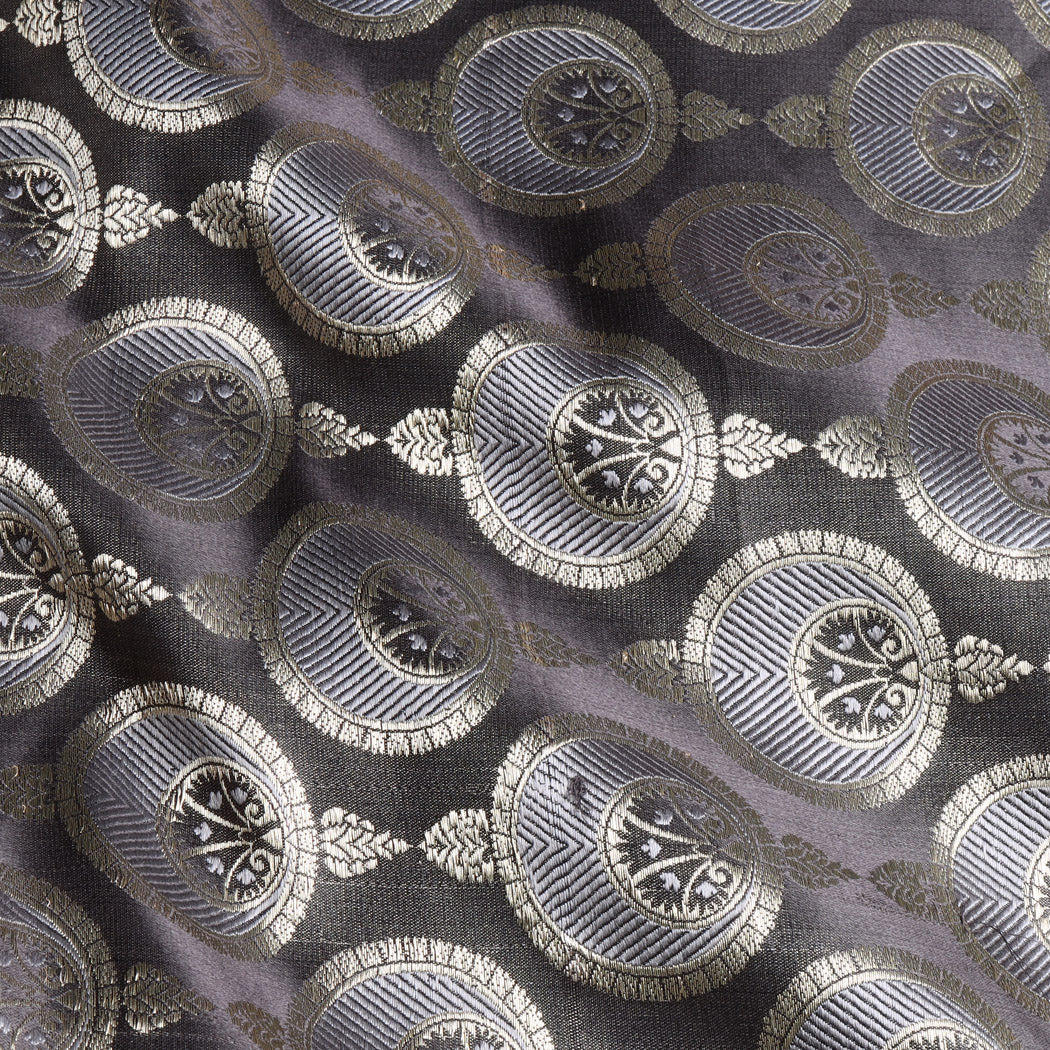 Lead Grey Color Satin Silk Fabric With Floral Motif Pattern