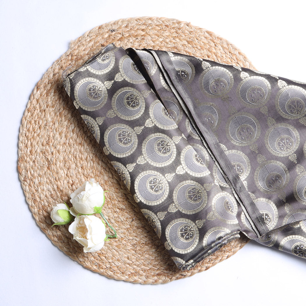 Lead Grey Color Satin Silk Fabric With Floral Motif Pattern