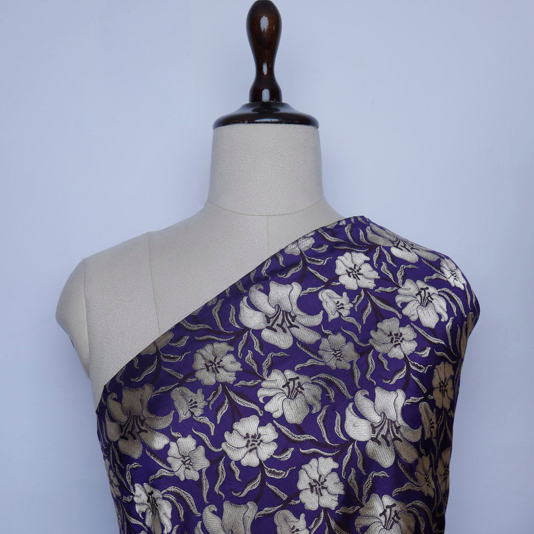 Dark Blue Color Silk Fabric With Floral Pattern