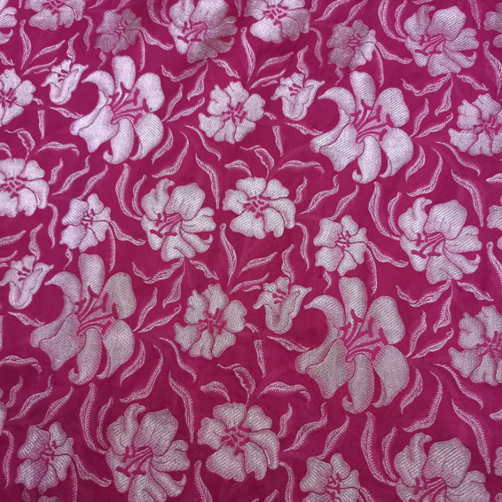 Magenta Pink Colour Jamavar Silk Fabric With Floral Pattern