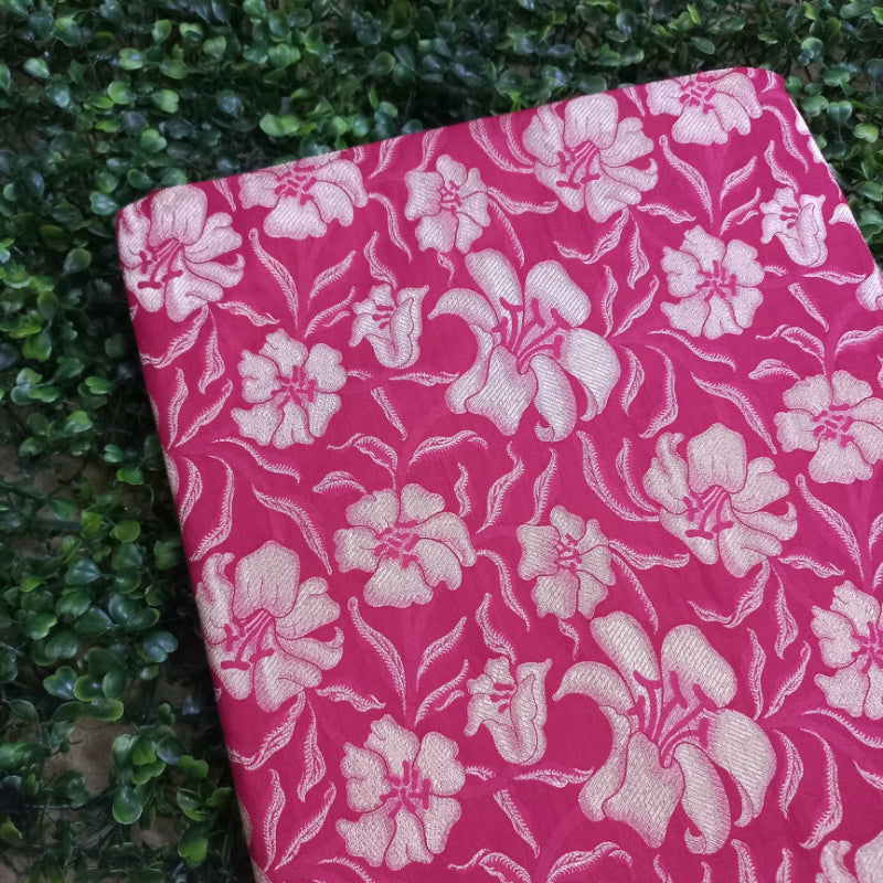 Magenta Pink Colour Jamavar Silk Fabric With Floral Pattern