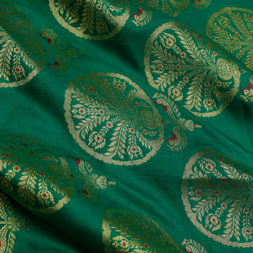 Dark Green Color Silk Fabric With Floral Chakra Motifs