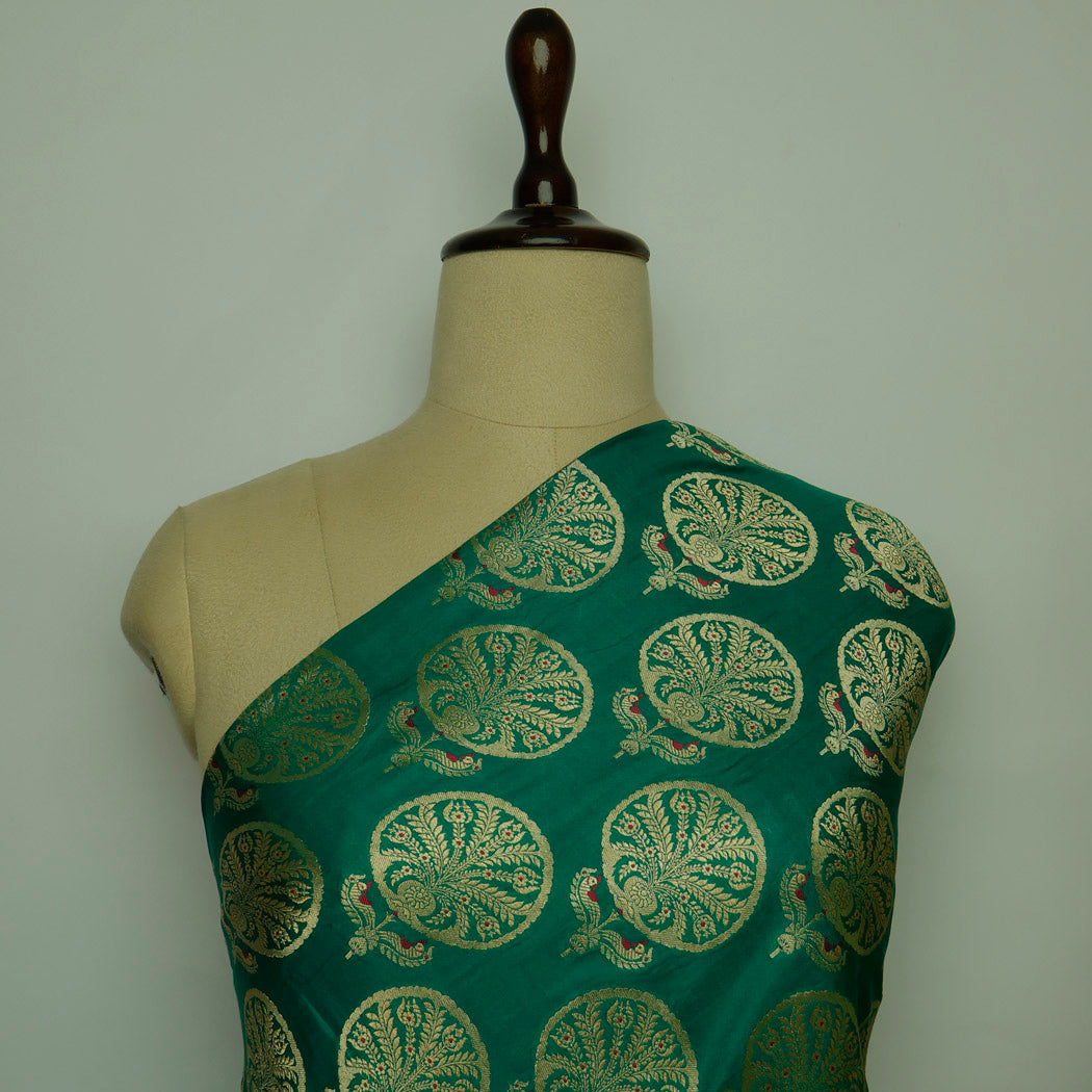 Dark Green Color Silk Fabric With Floral Chakra Motifs