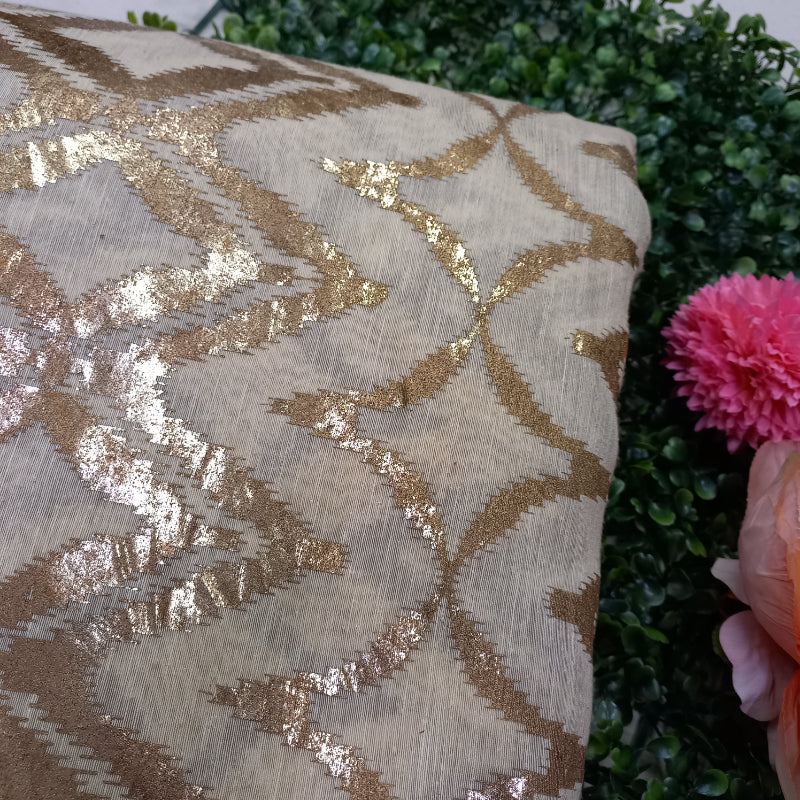 Beige Color Foil Printed Linen Fabric