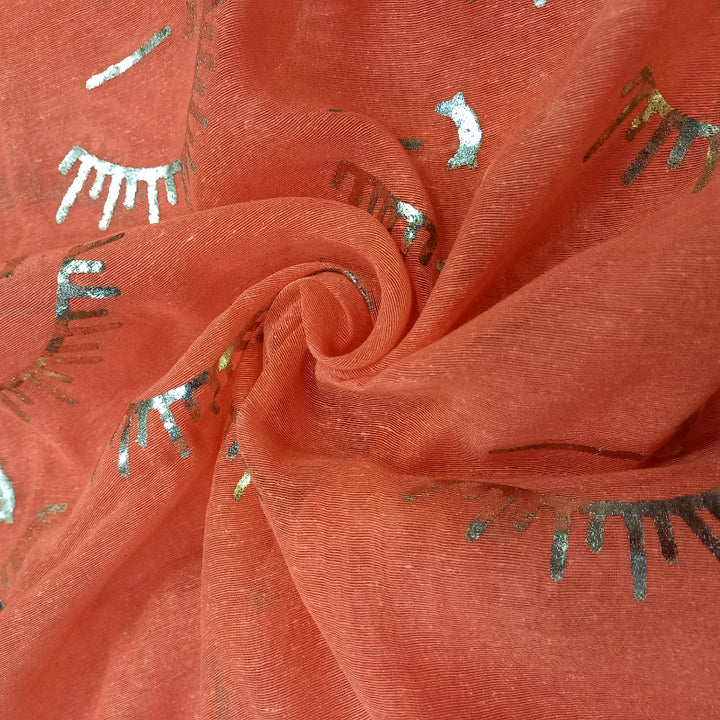 Orange Peach Color Foil Printed Linen Fabric