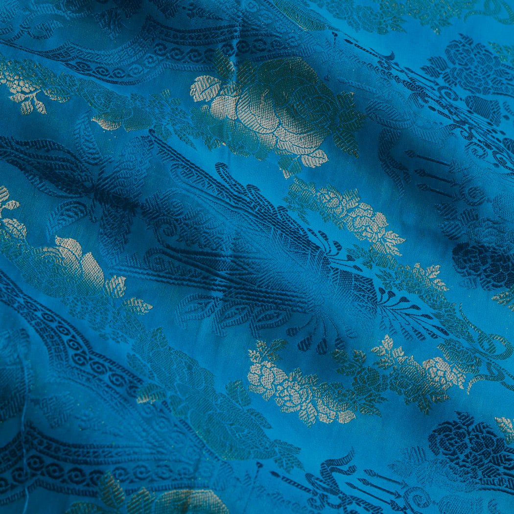 Cerulean Blue Color Satin Silk Fabric With Floral Jaal Design