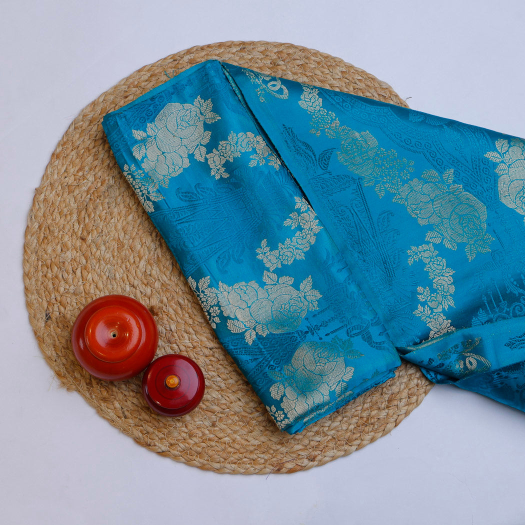 Cerulean Blue Color Satin Silk Fabric With Floral Jaal Design