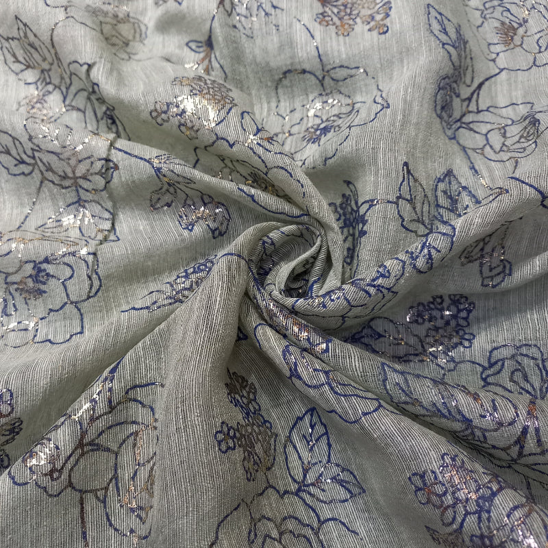 Gray Color Floral Foil Printed Linen Fabric