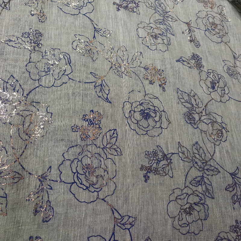 Gray Color Floral Foil Printed Linen Fabric