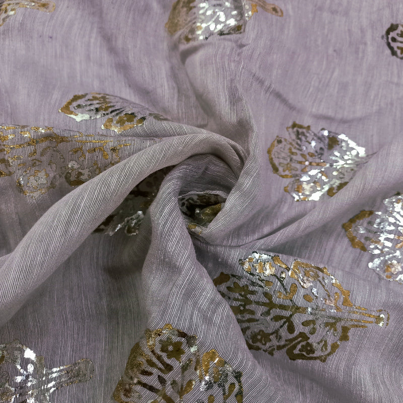 Silver Gray Color Foil Printed Linen Fabric