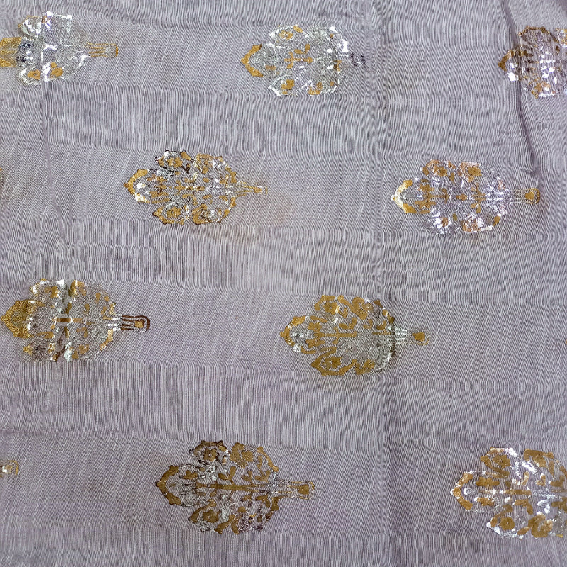 Silver Gray Color Foil Printed Linen Fabric