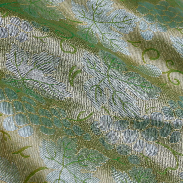 Green Gold Color Tissue Fabric With Floral Leaf Pattern