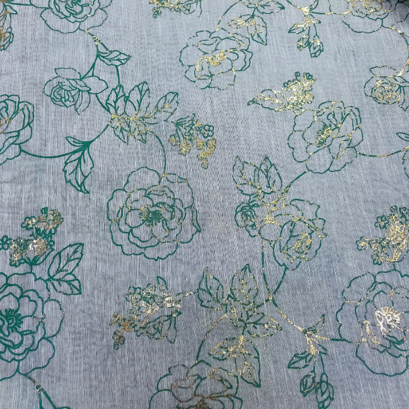 Powder Blue Color Floral Foil Printed Linen Fabric