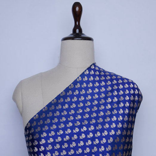 Dark Blue Color Silk Fabric With Tiny Floral Motifs