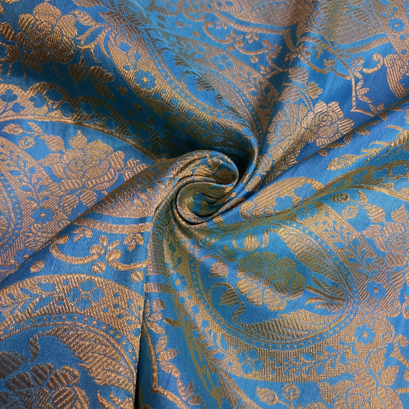 Cerulean Blue Colour Floral Jamavar Silk Fabric