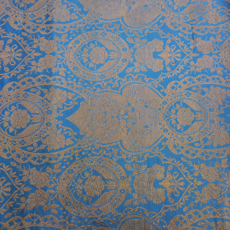 Cerulean Blue Colour Floral Jamavar Silk Fabric