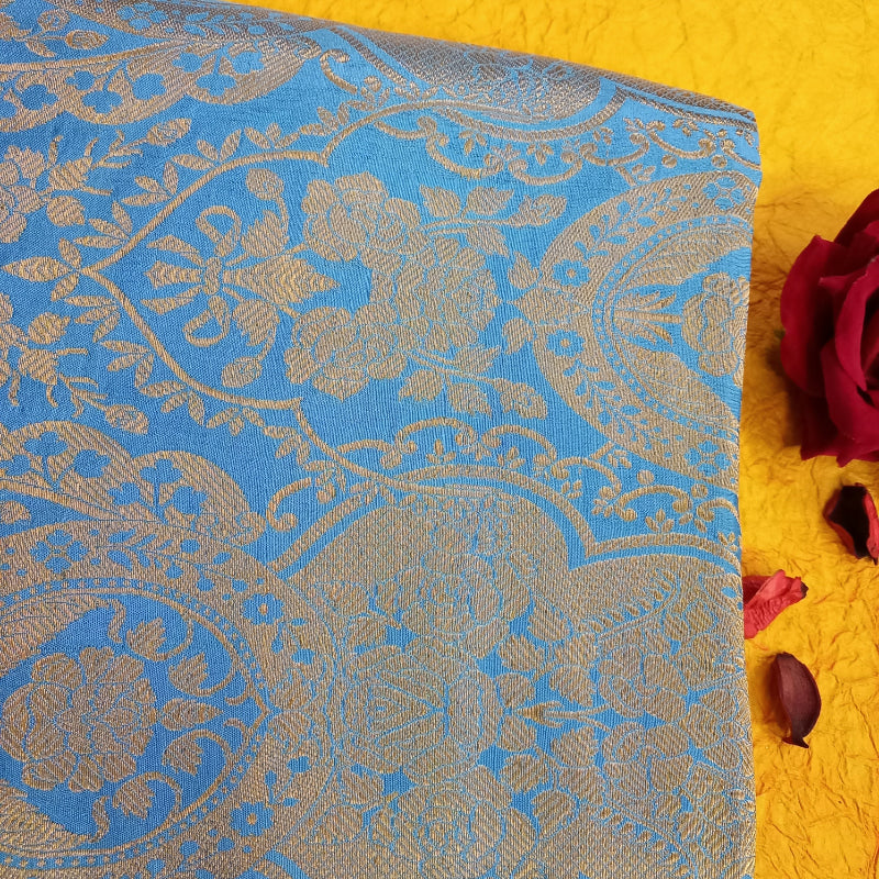 Cerulean Blue Colour Floral Jamavar Silk Fabric