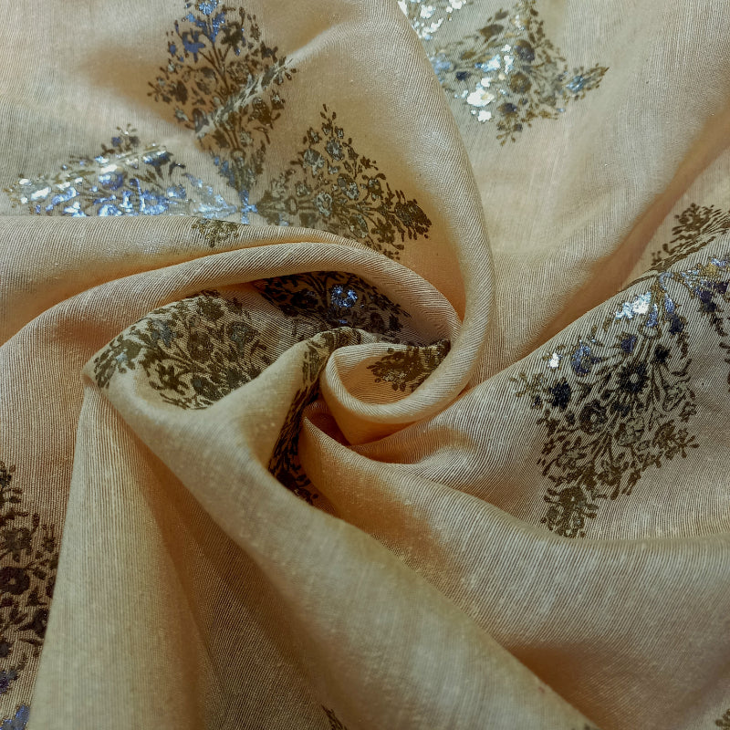 Pastel Yellow Color Foil Printed Linen Fabric
