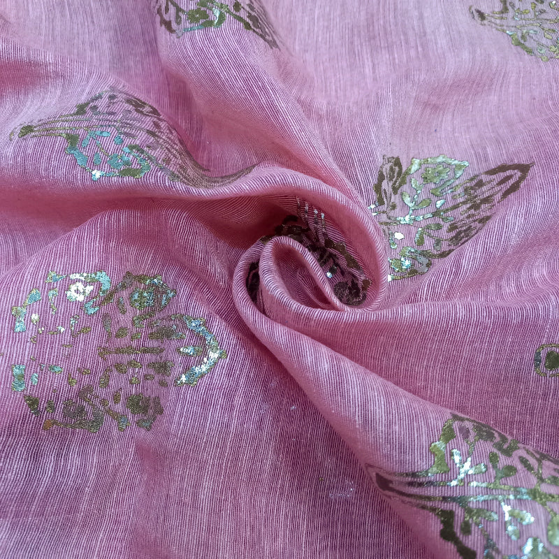 Pink Color Foil Printed Linen Fabric