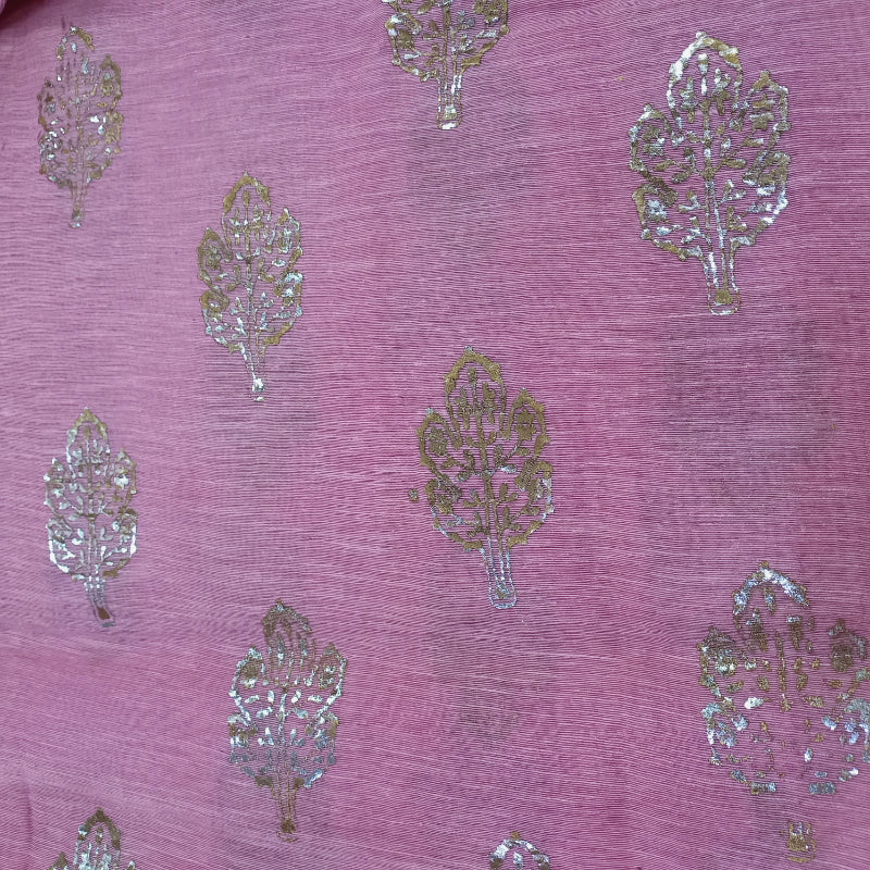 Pink Color Foil Printed Linen Fabric