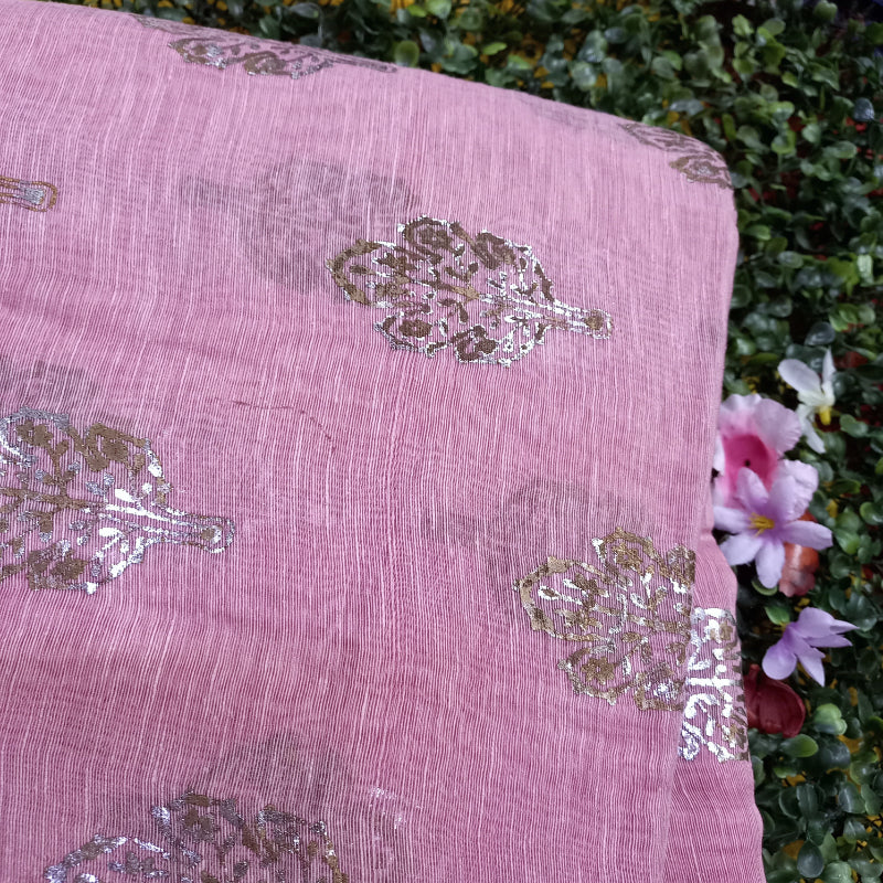 Pink Color Foil Printed Linen Fabric