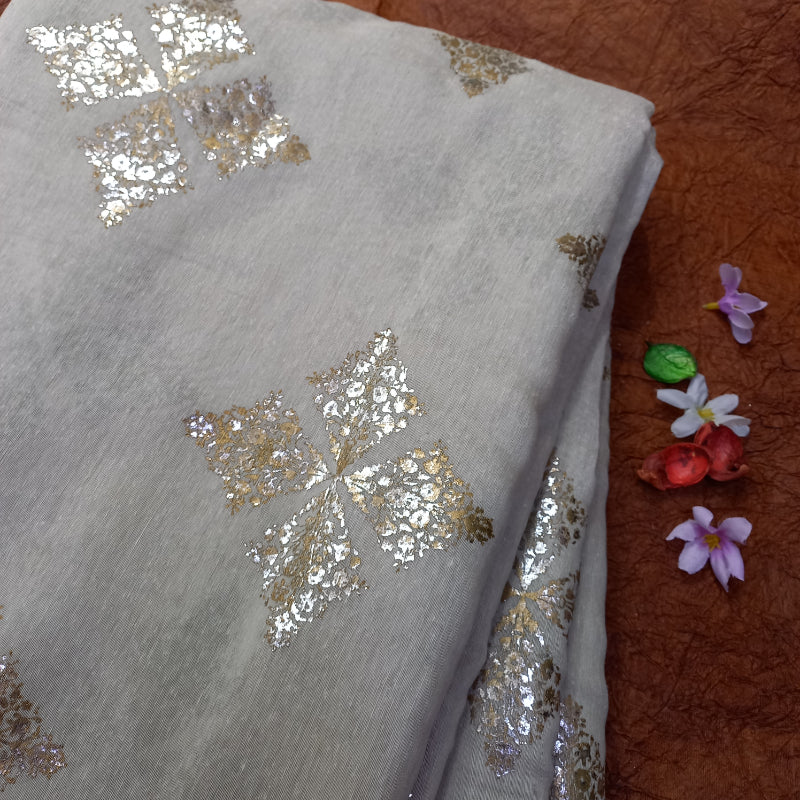 Cloud Gray Foil Printed Linen Fabric