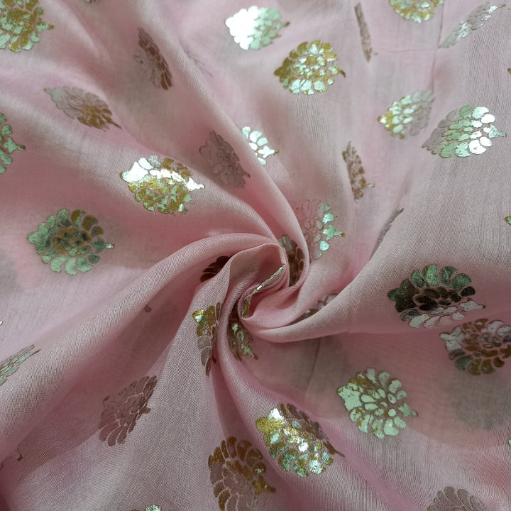 Pastel Pink Color Printed Chanderi Fabric