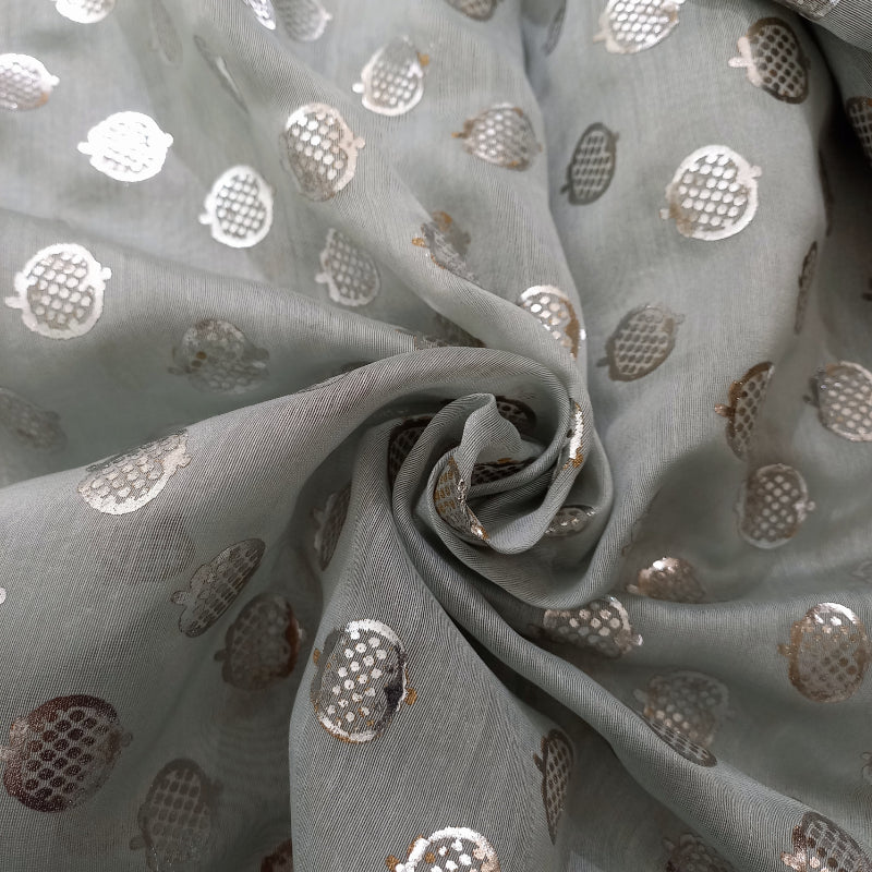 Grey Color Foil Printed Chanderi Fabric