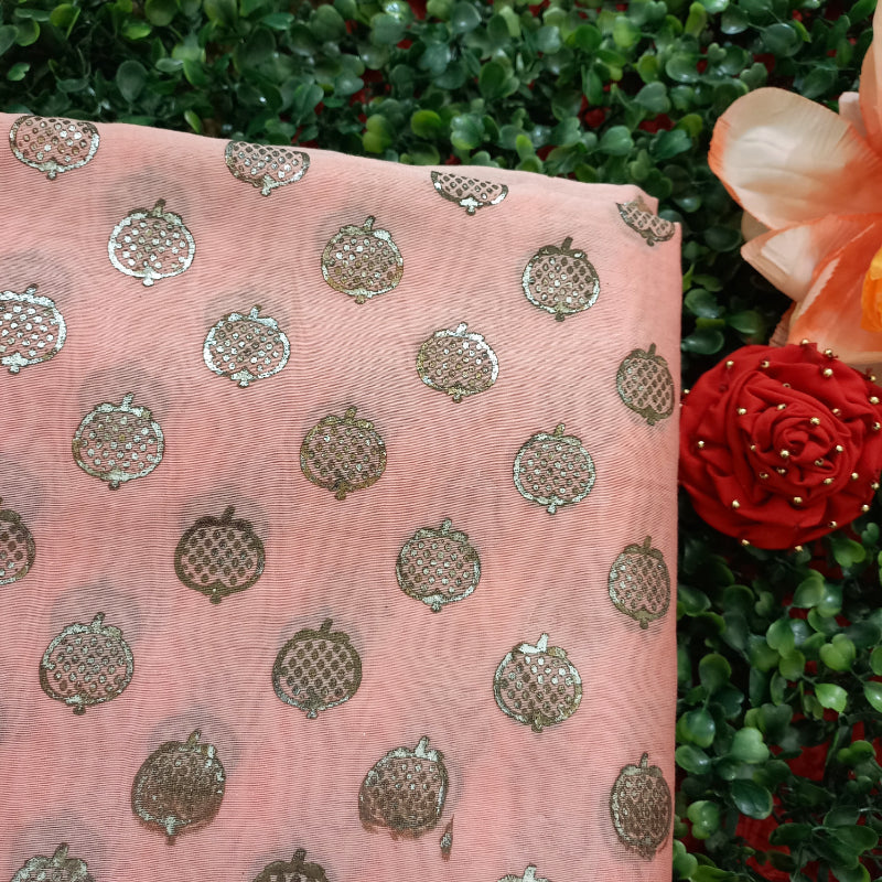 Pink Peach Color Foil Printed Chanderi Fabric