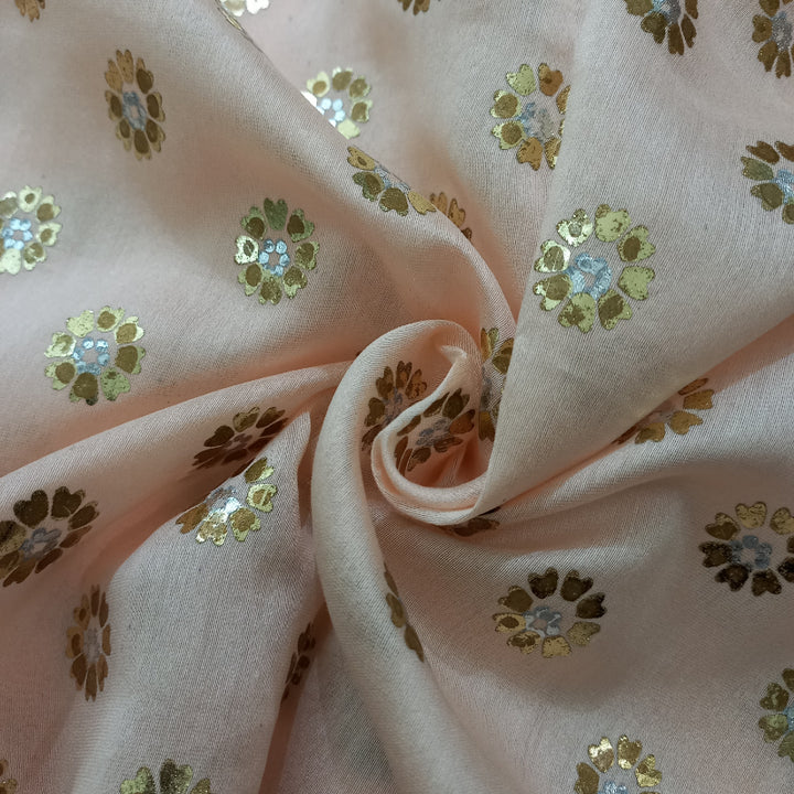 Pastel Peach Color Foil Printed Chanderi Fabric