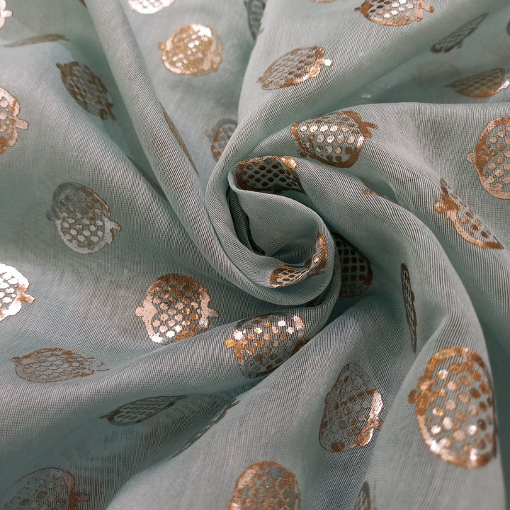 Light Blue Color Foil Printed Chanderi Fabric