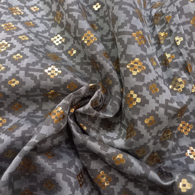 Pewter Gray Color Foil Printed Chanderi Fabric