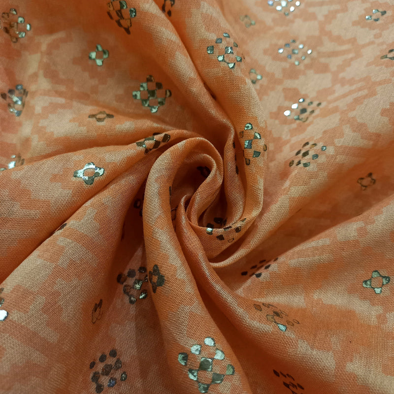 Yellow Orange Color Foil Printed Chanderi Fabric