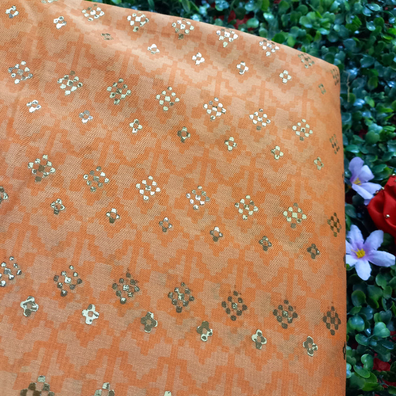 Yellow Orange Color Foil Printed Chanderi Fabric