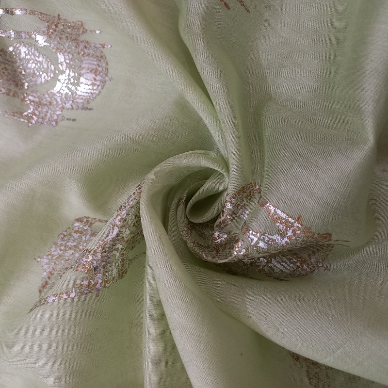 Light Pista Green Color Foil Printed Chanderi Fabric