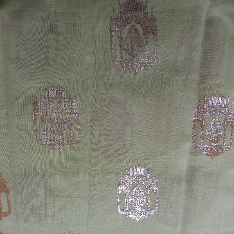 Light Pista Green Color Foil Printed Chanderi Fabric