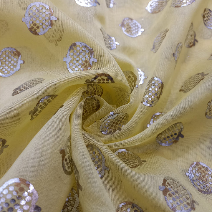 Creamish Yellow Color Foil Printed Chanderi Fabric