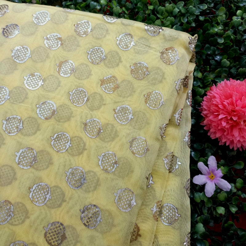 Creamish Yellow Color Foil Printed Chanderi Fabric
