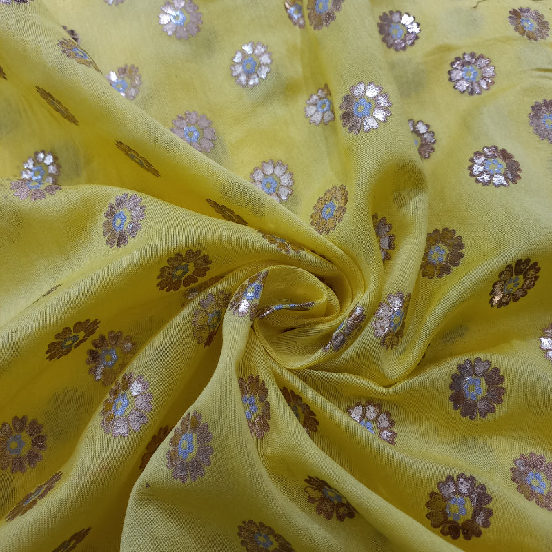 Yellow Color Foil Printed Chanderi Fabric